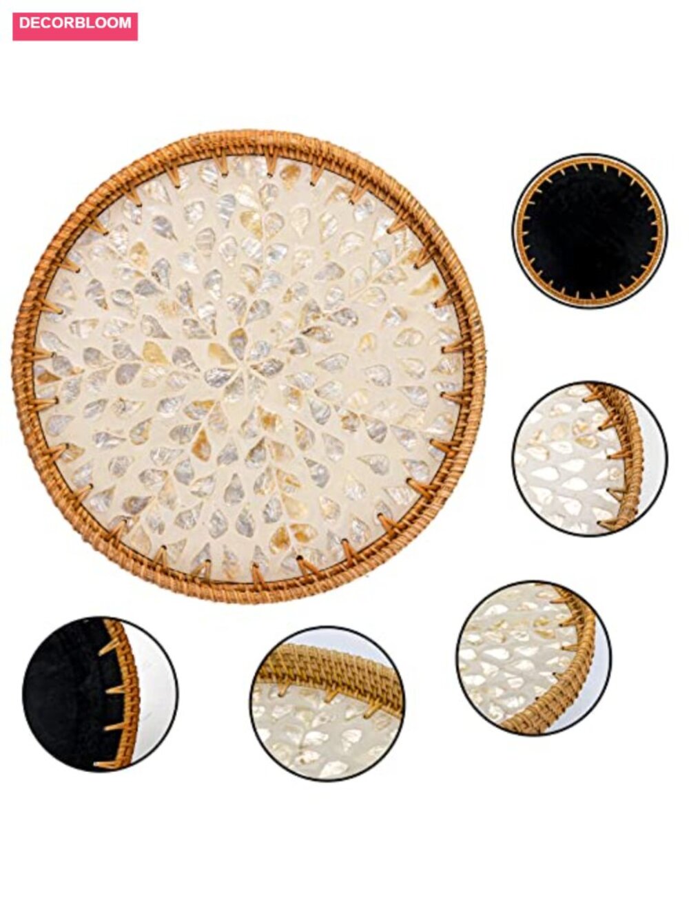 2 Pack Rattan Trays with Mother of Pearl Inlay, Wicker Serving Trays, - Picture 3 of 6